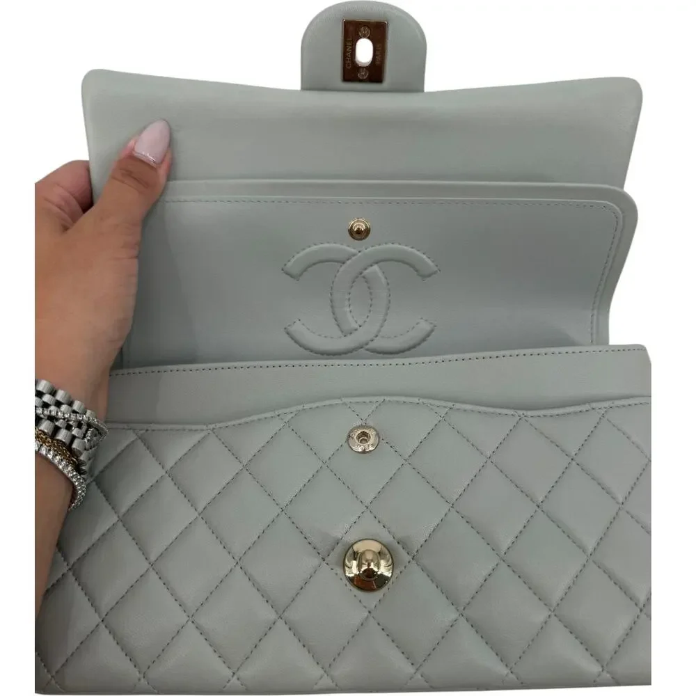 Chanel Lambskin Quilted Classic Double Flap Shoulder Bag Gray Gold Women's